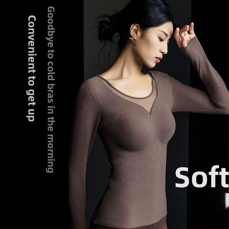 Ženské termálne tričko s integrovaným podprsenkovým košíkom a výplňou na prsník, dlhé rukávy, hrubý polyesterový materiál, teplé, jednofarebné