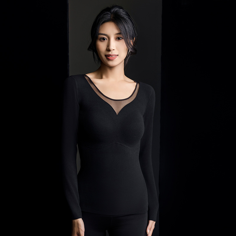 Ženské termálne tričko s integrovaným podprsenkovým košíkom a výplňou na prsník, dlhé rukávy, hrubý polyesterový materiál, teplé, jednofarebné