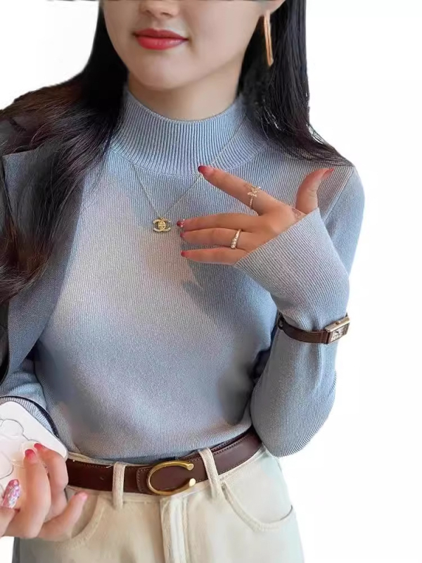 Ženski slim pulover od pletene tkanine s mock vratom, poliester, dugi rukavi