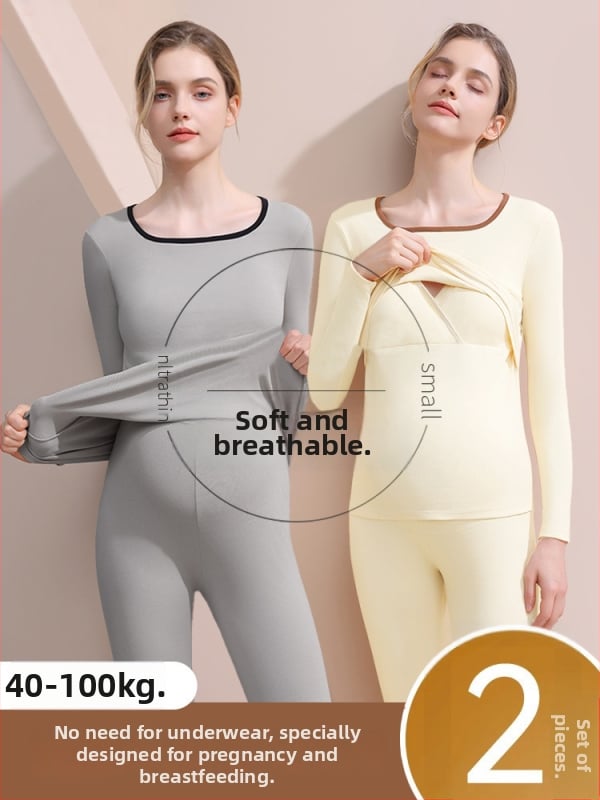 Tehotenský nočný set pre jeseň-zimu (vrchné a spodné) — dlhý rukáv, polyester 90–95%, bez vrások, s odnímateľnými výstelkami na prsiach