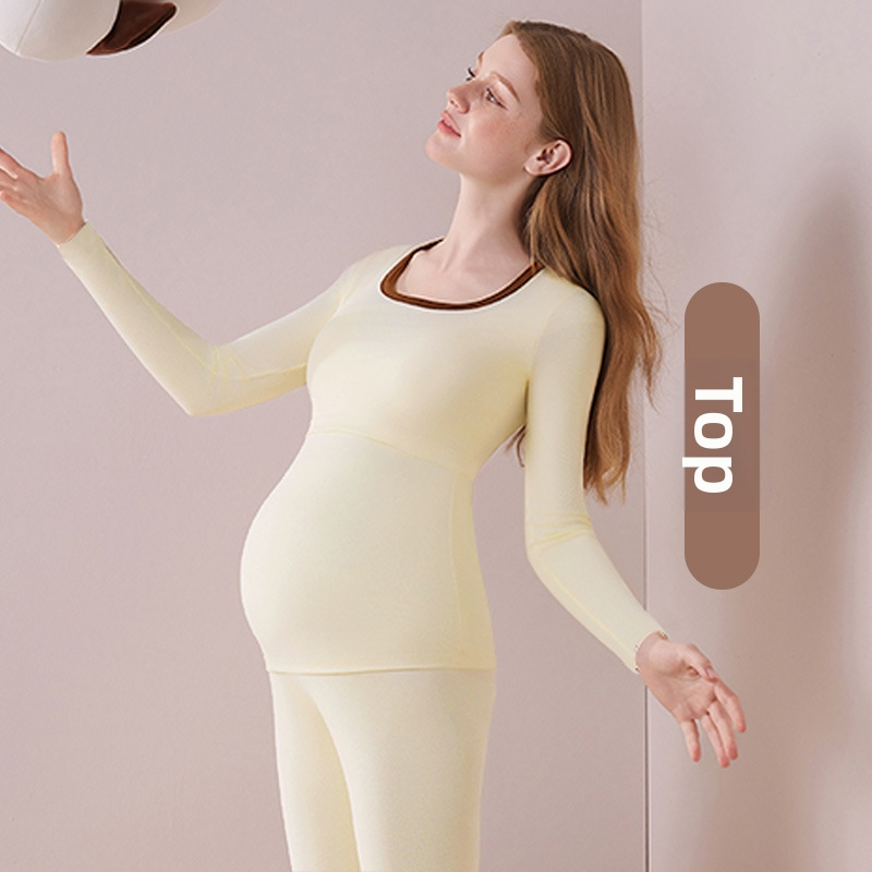 Tehotenský nočný set pre jeseň-zimu (vrchné a spodné) — dlhý rukáv, polyester 90–95%, bez vrások, s odnímateľnými výstelkami na prsiach