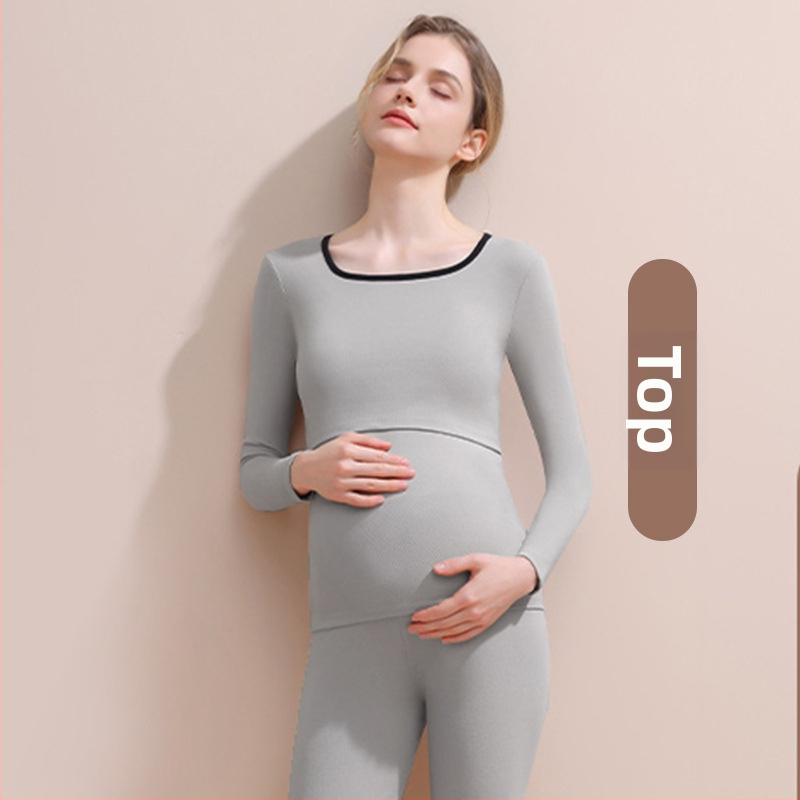 Tehotenský nočný set pre jeseň-zimu (vrchné a spodné) — dlhý rukáv, polyester 90–95%, bez vrások, s odnímateľnými výstelkami na prsiach