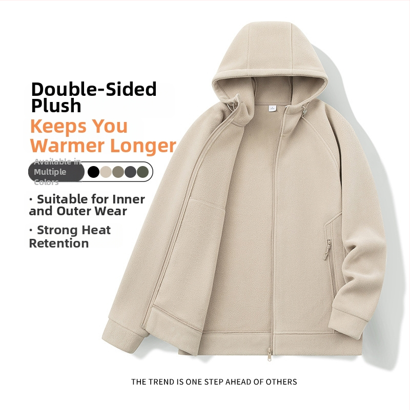 Pánske kapucňové fleecové kardigán s kapucňou, 100% polyester, rakúsky velúr, predný zips, okrúhly výstrih, voľný strih