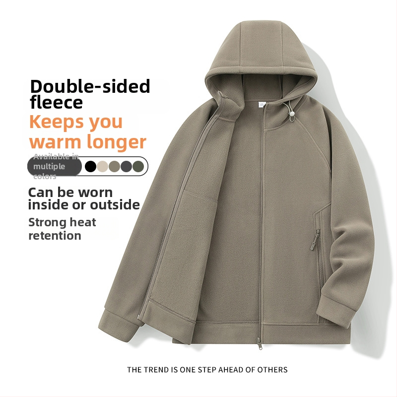 Pánske kapucňové fleecové kardigán s kapucňou, 100% polyester, rakúsky velúr, predný zips, okrúhly výstrih, voľný strih