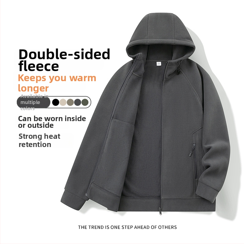 Pánske kapucňové fleecové kardigán s kapucňou, 100% polyester, rakúsky velúr, predný zips, okrúhly výstrih, voľný strih