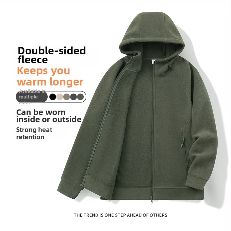 Pánske kapucňové fleecové kardigán s kapucňou, 100% polyester, rakúsky velúr, predný zips, okrúhly výstrih, voľný strih