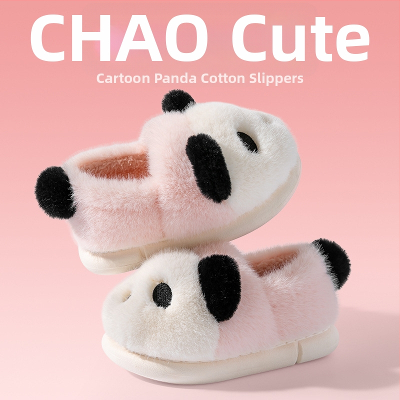 Laste Panda plüüs-sussid kodu ja välistingimustes – unisex, ülemine osa kunstlikust jänesepuust, tallad PVC, karikatuurmuster, sügis 2024