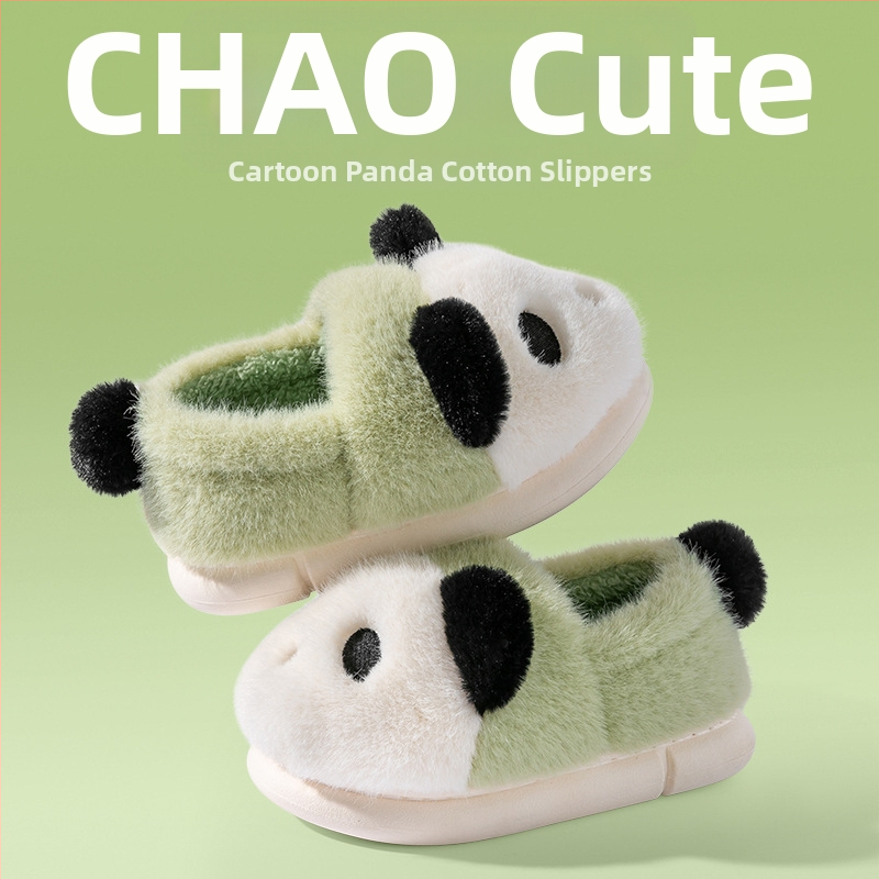 Laste Panda plüüs-sussid kodu ja välistingimustes – unisex, ülemine osa kunstlikust jänesepuust, tallad PVC, karikatuurmuster, sügis 2024