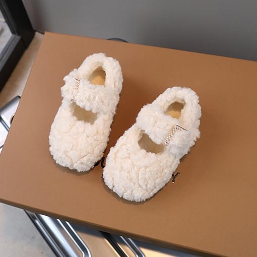 Pantofi pluș pentru copii, partea superioară velur, căptușeală din pluș, închidere Velcro, talpă din cauciuc, design îngroșat