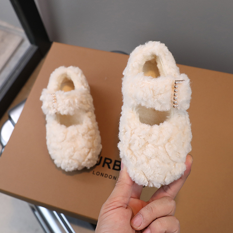 Pantofi pluș pentru copii, partea superioară velur, căptușeală din pluș, închidere Velcro, talpă din cauciuc, design îngroșat