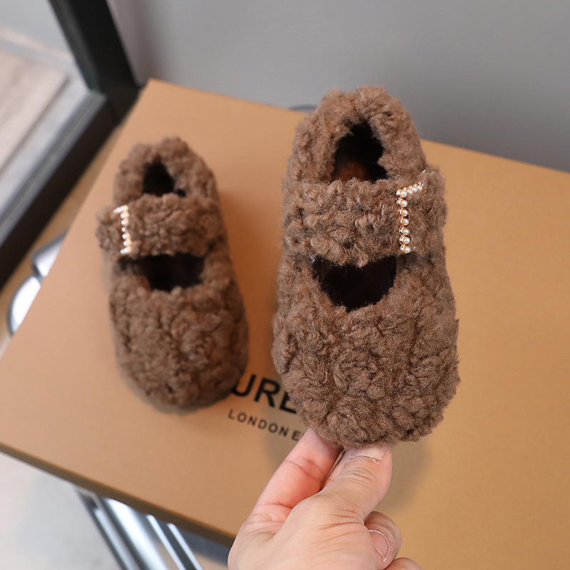 Pantofi pluș pentru copii, partea superioară velur, căptușeală din pluș, închidere Velcro, talpă din cauciuc, design îngroșat