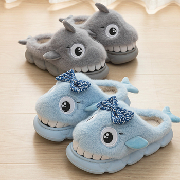 Papuci de casă pentru copii, design rechin caricatură, talpă EVA groasă și căptușeală caldă