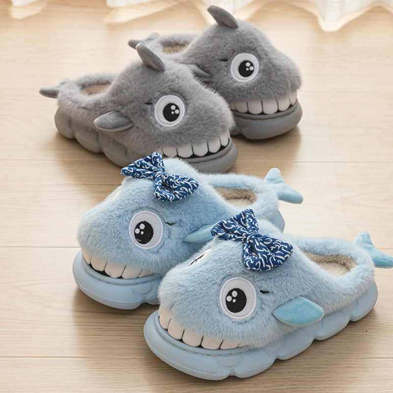 Papuci de casă pentru copii, design rechin caricatură, talpă EVA groasă și căptușeală caldă