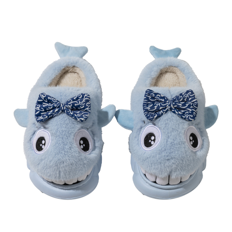 Papuci de casă pentru copii, design rechin caricatură, talpă EVA groasă și căptușeală caldă
