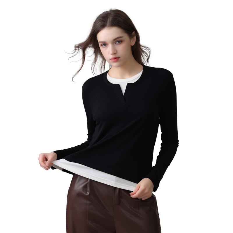 Top tricotat de bază din fibre de acetat – model color-block, guler rotund, mâneci lungi, design dublu fals