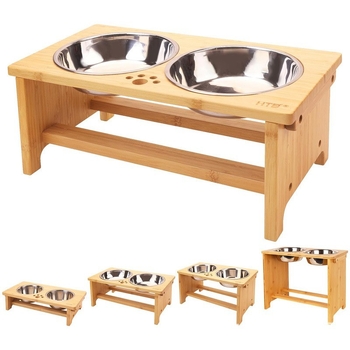 Drevený stojan na misky pre domáce zvieratá s vertikálnymi dvojitými miskami – kŕmiteľ pre mačky a psy (Wu ge yi)