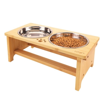 Drevený stojan na misky pre domáce zvieratá s vertikálnymi dvojitými miskami – kŕmiteľ pre mačky a psy (Wu ge yi)