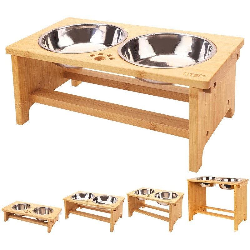Drevený stojan na misky pre domáce zvieratá s vertikálnymi dvojitými miskami – kŕmiteľ pre mačky a psy (Wu ge yi)