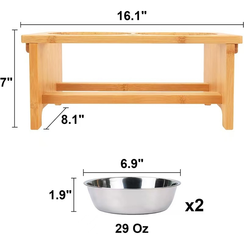 Drevený stojan na misky pre domáce zvieratá s vertikálnymi dvojitými miskami – kŕmiteľ pre mačky a psy (Wu ge yi)