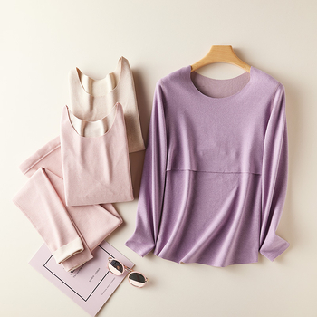 Tehotenský termálny spodný set | Kašmíro-akrylová zmes | Otvor na dojčenie | Dlhý rukáv, dlhé nohavice | Japonsko-kórejský casual štýl