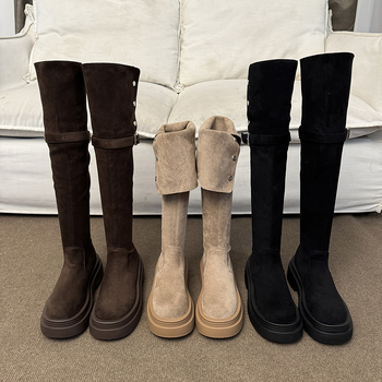 PU nahast üle põlve saapad, ümmarguse varba, kõrge varr, 3–5 cm keskmise kõrgusega konts, tõmblukuta