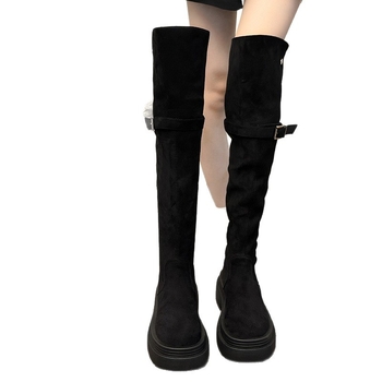 PU nahast üle põlve saapad, ümmarguse varba, kõrge varr, 3–5 cm keskmise kõrgusega konts, tõmblukuta