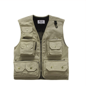 Pánska bavlnená foto vesta s viacerými vreckami, zapínanie na zips, voľný strih, podšívka z polyesteru