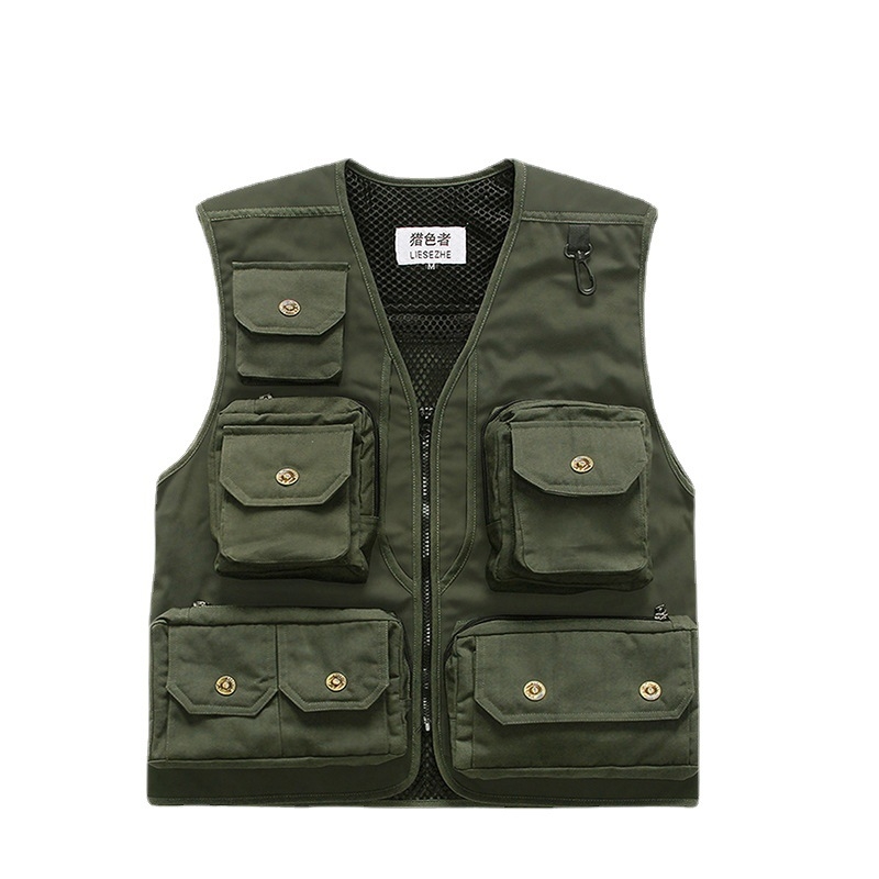 Pánska bavlnená foto vesta s viacerými vreckami, zapínanie na zips, voľný strih, podšívka z polyesteru