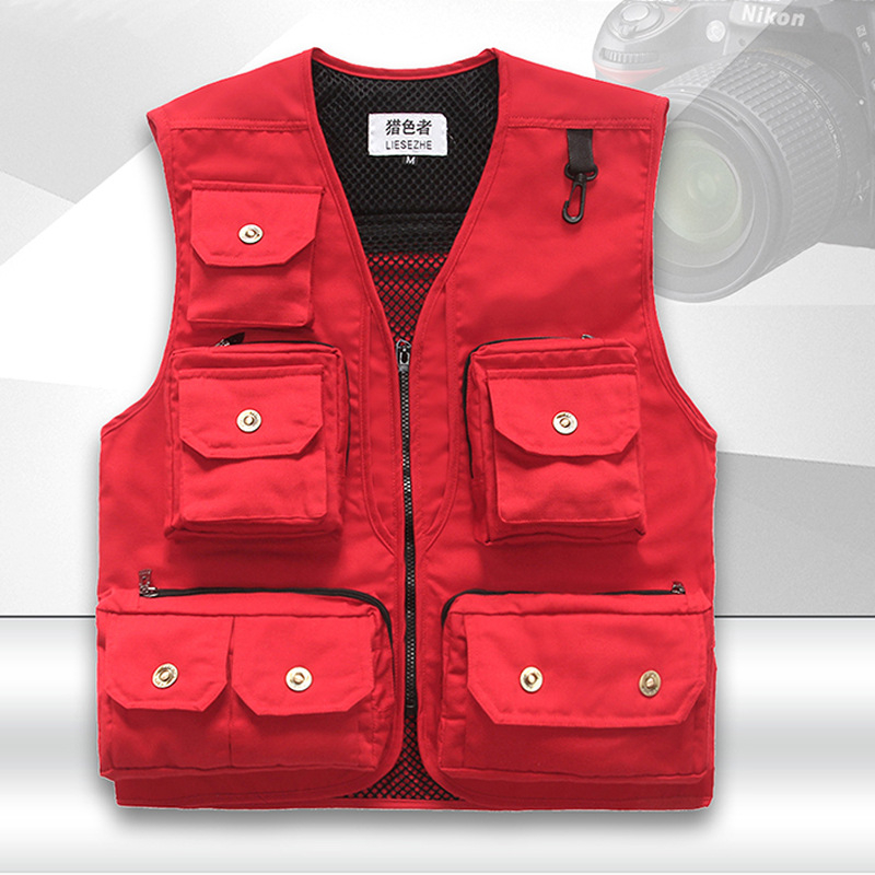 Pánska bavlnená foto vesta s viacerými vreckami, zapínanie na zips, voľný strih, podšívka z polyesteru