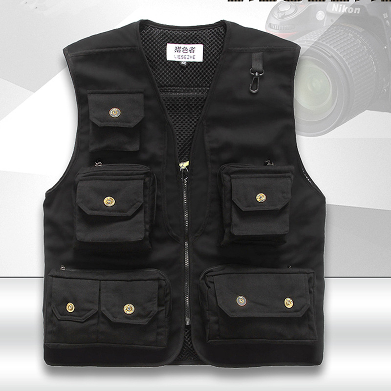 Pánska bavlnená foto vesta s viacerými vreckami, zapínanie na zips, voľný strih, podšívka z polyesteru