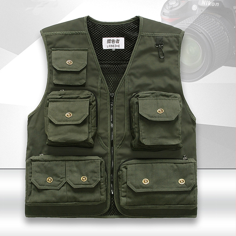 Pánska bavlnená foto vesta s viacerými vreckami, zapínanie na zips, voľný strih, podšívka z polyesteru