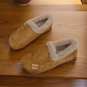 Loafers damă din velur, căptușeală din blană artificială, vârf rotund, slip-on, talpă plată