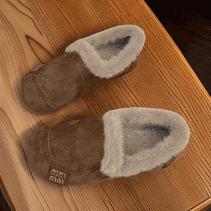 Loafers damă din velur, căptușeală din blană artificială, vârf rotund, slip-on, talpă plată