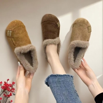 Loafers damă din velur, căptușeală din blană artificială, vârf rotund, slip-on, talpă plată