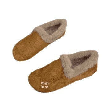 Loafers damă din velur, căptușeală din blană artificială, vârf rotund, slip-on, talpă plată