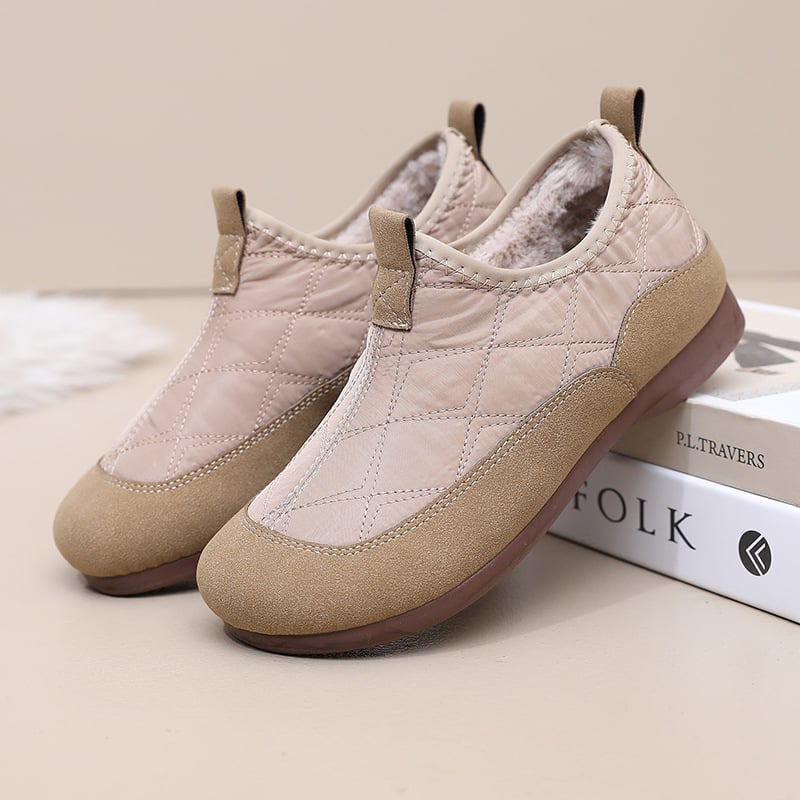Női téli vászoncipő fleece béléssel, slip-on, lapos PVC talp, kerek orr