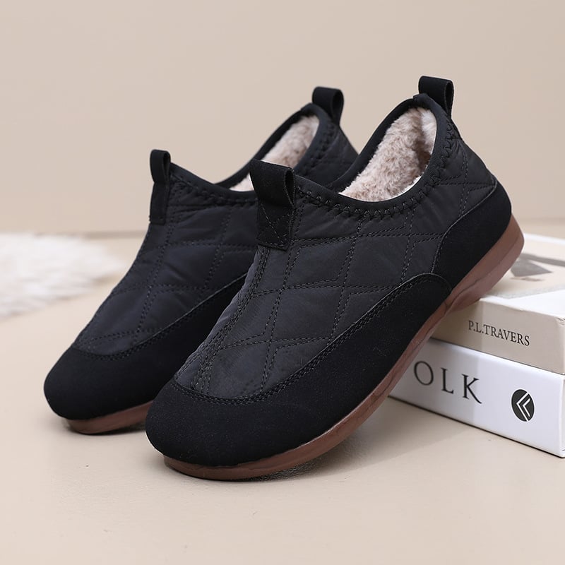 Női téli vászoncipő fleece béléssel, slip-on, lapos PVC talp, kerek orr