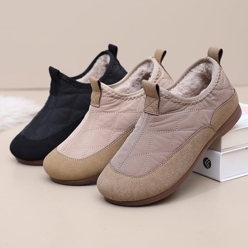 Női téli vászoncipő fleece béléssel, slip-on, lapos PVC talp, kerek orr