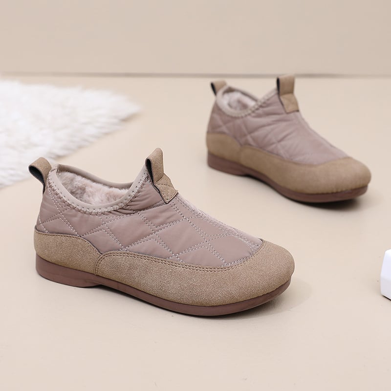 Női téli vászoncipő fleece béléssel, slip-on, lapos PVC talp, kerek orr
