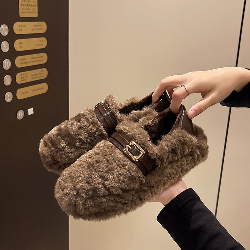 Γυναικείες ζεστές γούνινες παντόφλες με παχιά σόλα, Slip-On, με επάνω μέρος από σουέντ, καουτσούκ σόλα, επένδυση από τεχνητή γούνα, για χειμώνα/φθινόπωρο