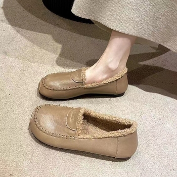 Γυναικείοι λοφέρ με επένδυση γούνας για χειμώνα, slip-on, επίπεδη σόλα, PU επάνω μέρος, στρογγυλή μύτη, casual