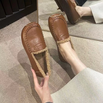 Γυναικείοι λοφέρ με επένδυση γούνας για χειμώνα, slip-on, επίπεδη σόλα, PU επάνω μέρος, στρογγυλή μύτη, casual