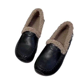 Γυναικείοι λοφέρ με επένδυση γούνας για χειμώνα, slip-on, επίπεδη σόλα, PU επάνω μέρος, στρογγυλή μύτη, casual