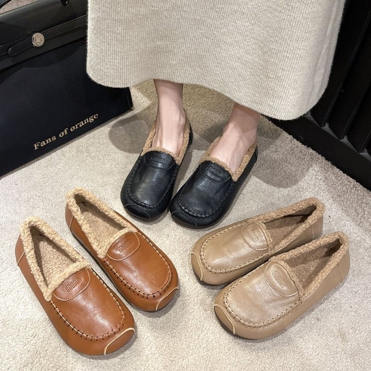 Γυναικείοι λοφέρ με επένδυση γούνας για χειμώνα, slip-on, επίπεδη σόλα, PU επάνω μέρος, στρογγυλή μύτη, casual