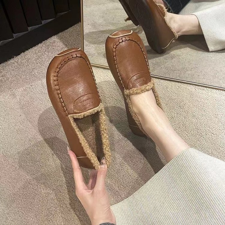 Γυναικείοι λοφέρ με επένδυση γούνας για χειμώνα, slip-on, επίπεδη σόλα, PU επάνω μέρος, στρογγυλή μύτη, casual