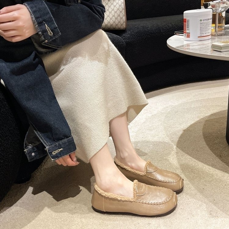 Γυναικείοι λοφέρ με επένδυση γούνας για χειμώνα, slip-on, επίπεδη σόλα, PU επάνω μέρος, στρογγυλή μύτη, casual