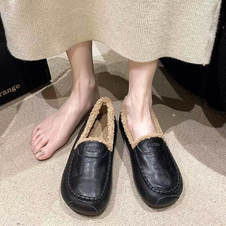 Γυναικείοι λοφέρ με επένδυση γούνας για χειμώνα, slip-on, επίπεδη σόλα, PU επάνω μέρος, στρογγυλή μύτη, casual