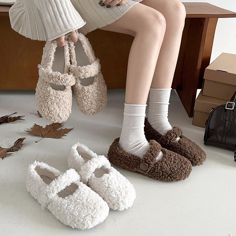 Női Mary Jane lapos cipő műszőrme bélés, PU felsőrész, alacsony sarok 1–3 cm, vastag talp, téli viselet
