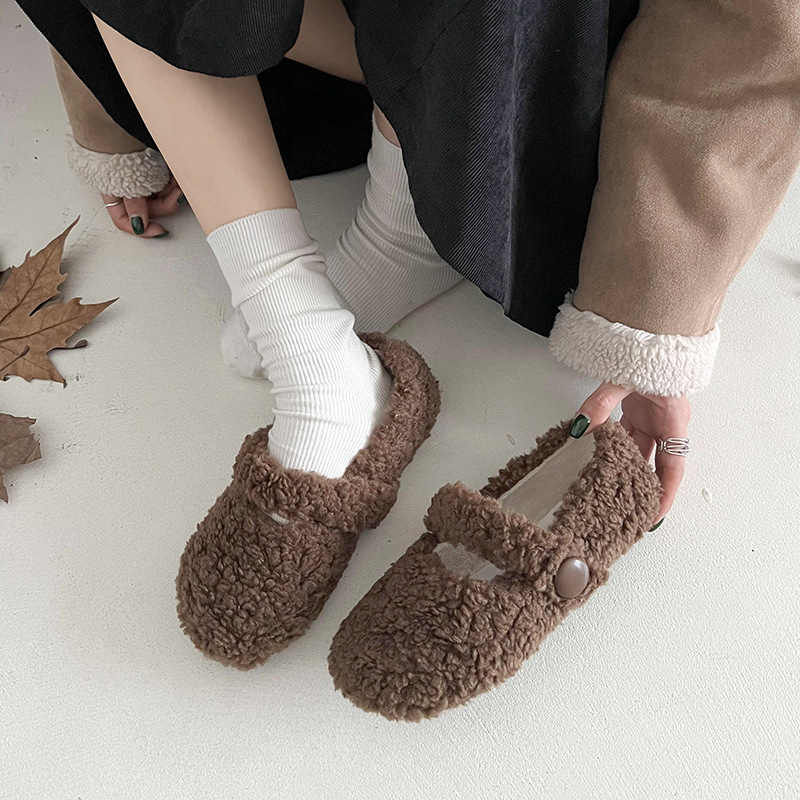 Női Mary Jane lapos cipő műszőrme bélés, PU felsőrész, alacsony sarok 1–3 cm, vastag talp, téli viselet