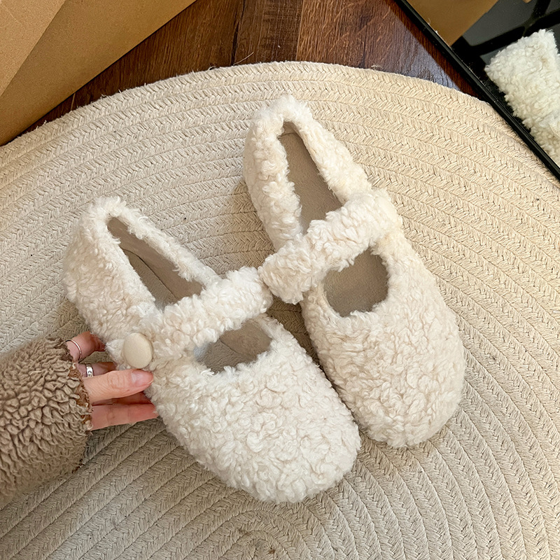 Női Mary Jane lapos cipő műszőrme bélés, PU felsőrész, alacsony sarok 1–3 cm, vastag talp, téli viselet